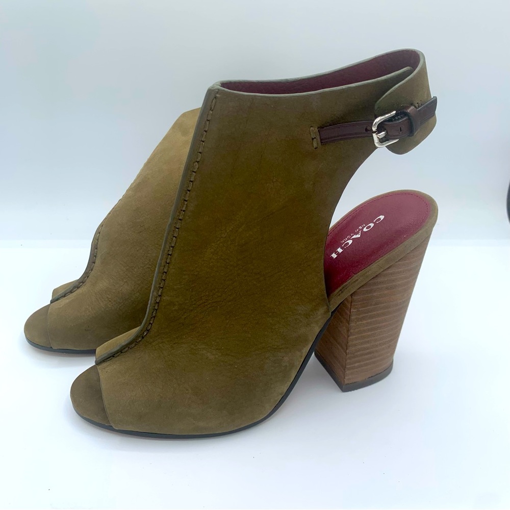 Coach Saratoga Nubuck peep toe block heeled bootie olive size 8.5